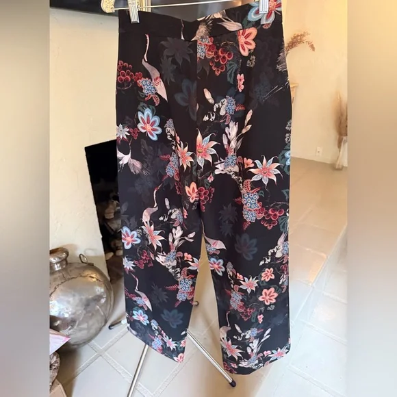 H&M Crane Print Satin Wide Leg Trousers High Waist Floral Size 6 - Picture 6 of 12